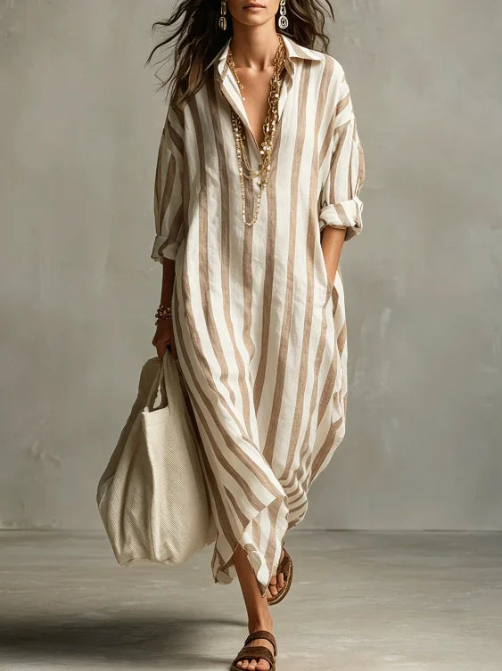 Vestido Chemise Longo Estampado Listrado com Decote V Solto, Tendência Oversize, Moda Primavera/Verão 2026, Novo Modelo para Comércio Europeu e Americano