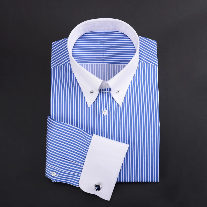 Camisa francesa justa-fit listrada masculina, gola império, manga longa, tendência de negócios