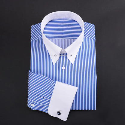 Camisa francesa justa-fit listrada masculina, gola império, manga longa, tendência de negócios