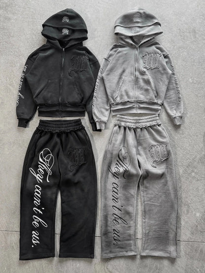 Conjunto de Moletom com Capuz e Zíper Frontal com Letras em Relevo Estilo Gótico e Calça Esportiva de Perna Larga, Estilo Linho Desgastado, Masculino e Feminino
