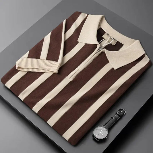 Turn-down Collar Zipper  Shirt Short Sleeve Ice Silk Knitted Stripe Pattern Fashionable Urban Style Men's Summer Top