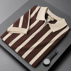 Turn-down Collar Zipper  Shirt Short Sleeve Ice Silk Knitted Stripe Pattern Fashionable Urban Style Men's Summer Top