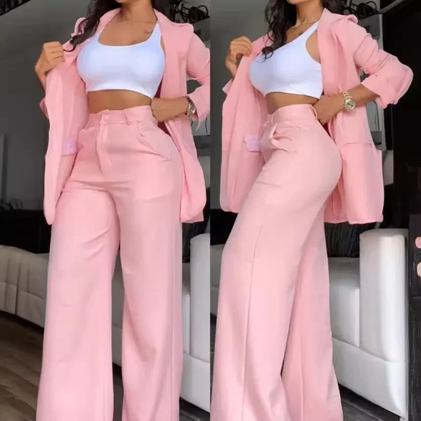 Conjunto de Duas Peças para Mulheres, Moda de Outono, Blazer de Manga Longa com Colarinho e Calças Elegantes com Design de Bolsos