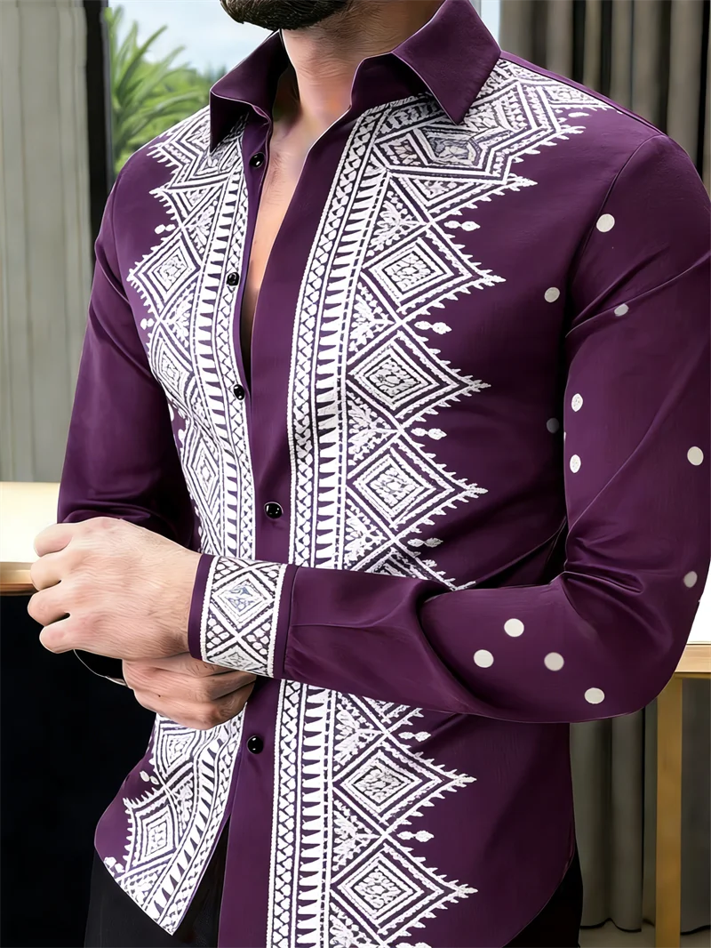Nova camisa masculina de manga comprida com 11 cores, estampa 3D dourada, padrão de bolinhas moderno, estilo luxuoso.
