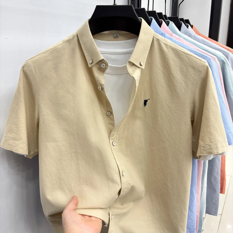 Camiseta masculina de manga curta 100% algodão puro respirável nova coleção de verão com bordado Paul Pony estilo casual para negócios