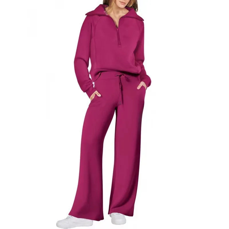 Conjunto de Moletom Feminino de 2 Peças: Blusão Forrado com Fleece Macio e Calça Fluida para Corrida ao Ar Livre e Viagens