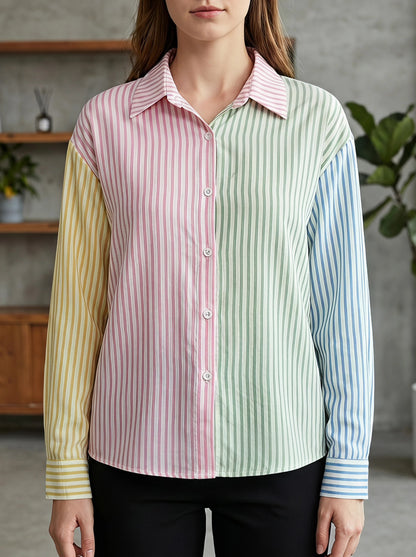 Camisa Feminina Gadinus Listrada com Bloco de Cores, Manga Longa, Ajuste Slim, Blusa Casual com Botões e Gola Dobrável