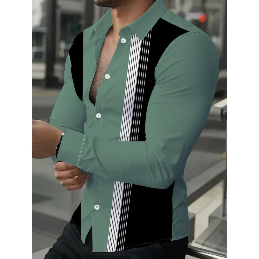 Camisas masculinas retrô com estampa geométrica 3D, manga comprida, elegantes, pretas e brancas, com blocos de cores, slim fit, casual, versátil.