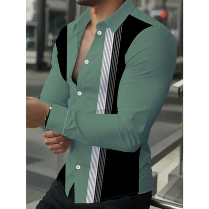 Camisas masculinas retrô com estampa geométrica 3D, manga comprida, elegantes, pretas e brancas, com blocos de cores, slim fit, casual, versátil.
