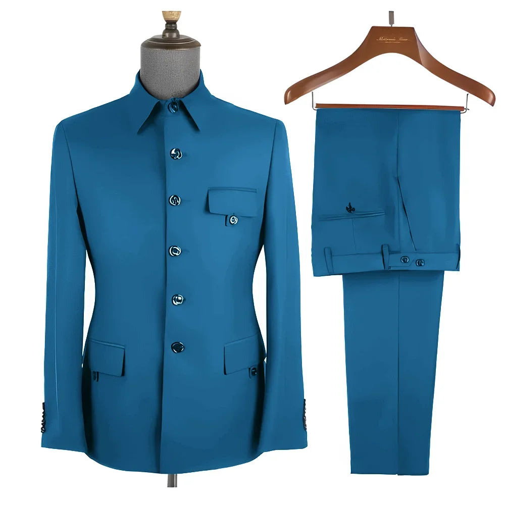 Terno masculino formal azul real, conjunto de 2 peças, gola, blazer, calças, slim fit, casamento, noivo, smoking, vestido de festa