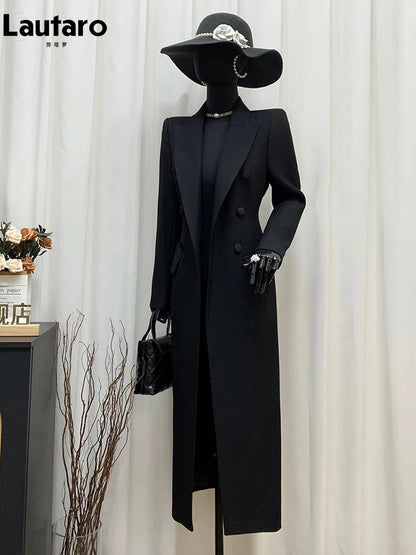 Casaco Blazer Longo Preto Ajustado Lautaro para Primavera/Outono, Elegante, Luxuoso e Chique, com Abotoamento Duplo, Estilo Europeu.