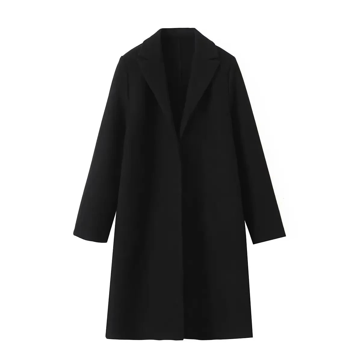 Casaco feminino de lã, modelo trench coat longo, liso, com costura aberta, decote em V vintage e mangas compridas. Ideal para um look feminino elegante.