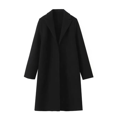 Casaco feminino de lã, modelo trench coat longo, liso, com costura aberta, decote em V vintage e mangas compridas. Ideal para um look feminino elegante.