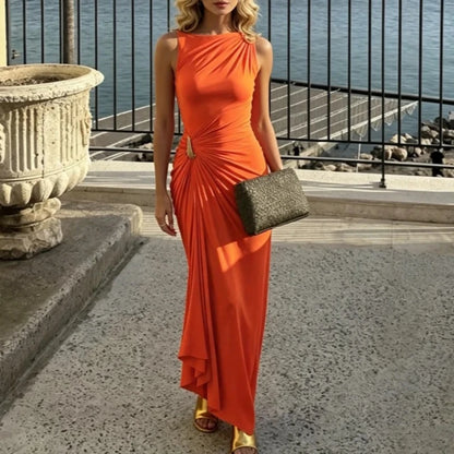 Vestido Longo Plissado Feminino com Decote Redondo, Sem Mangas, Elegante e Ajustado para Festas e Eventos