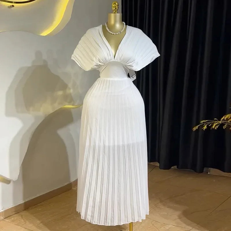 Mulheres manga curta com decote em v elegante longo vestido plissado 2025 doce férias praia noite sexy menina vestidos de festa
