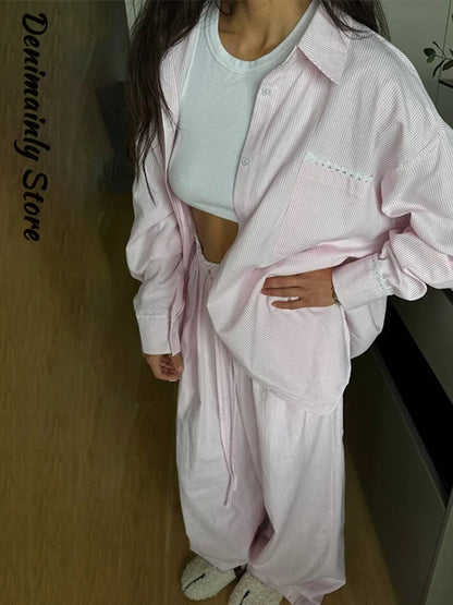 Casual Striped Lace Up Pants Set Women Shoulder Pad Long Sleeve Shirt Straight Trousers 2025 Autumn Chic Lady 2 Piece Suit New
