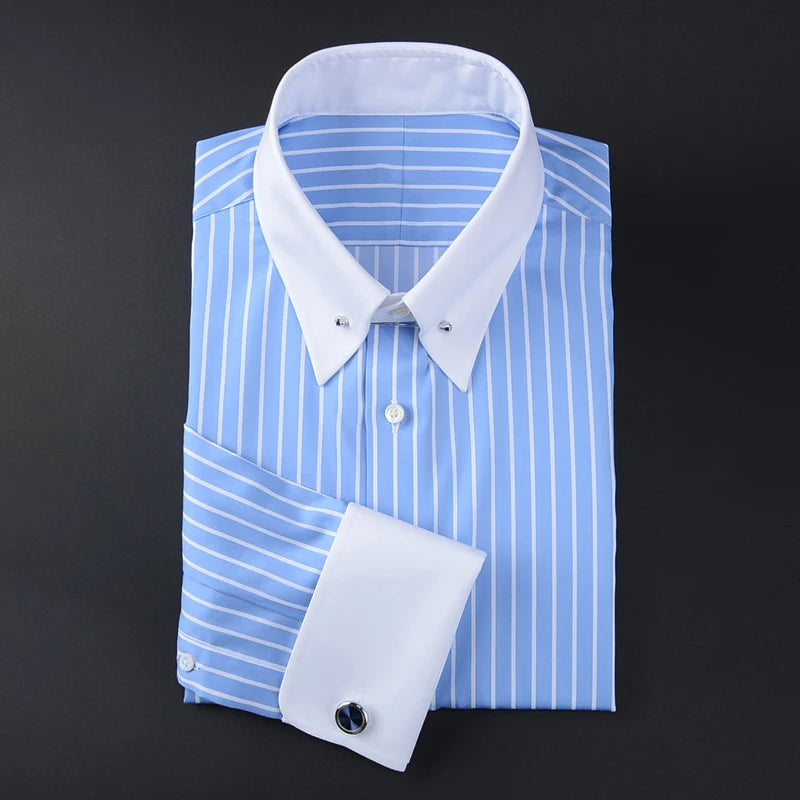 Camisa francesa justa-fit listrada masculina, gola império, manga longa, tendência de negócios