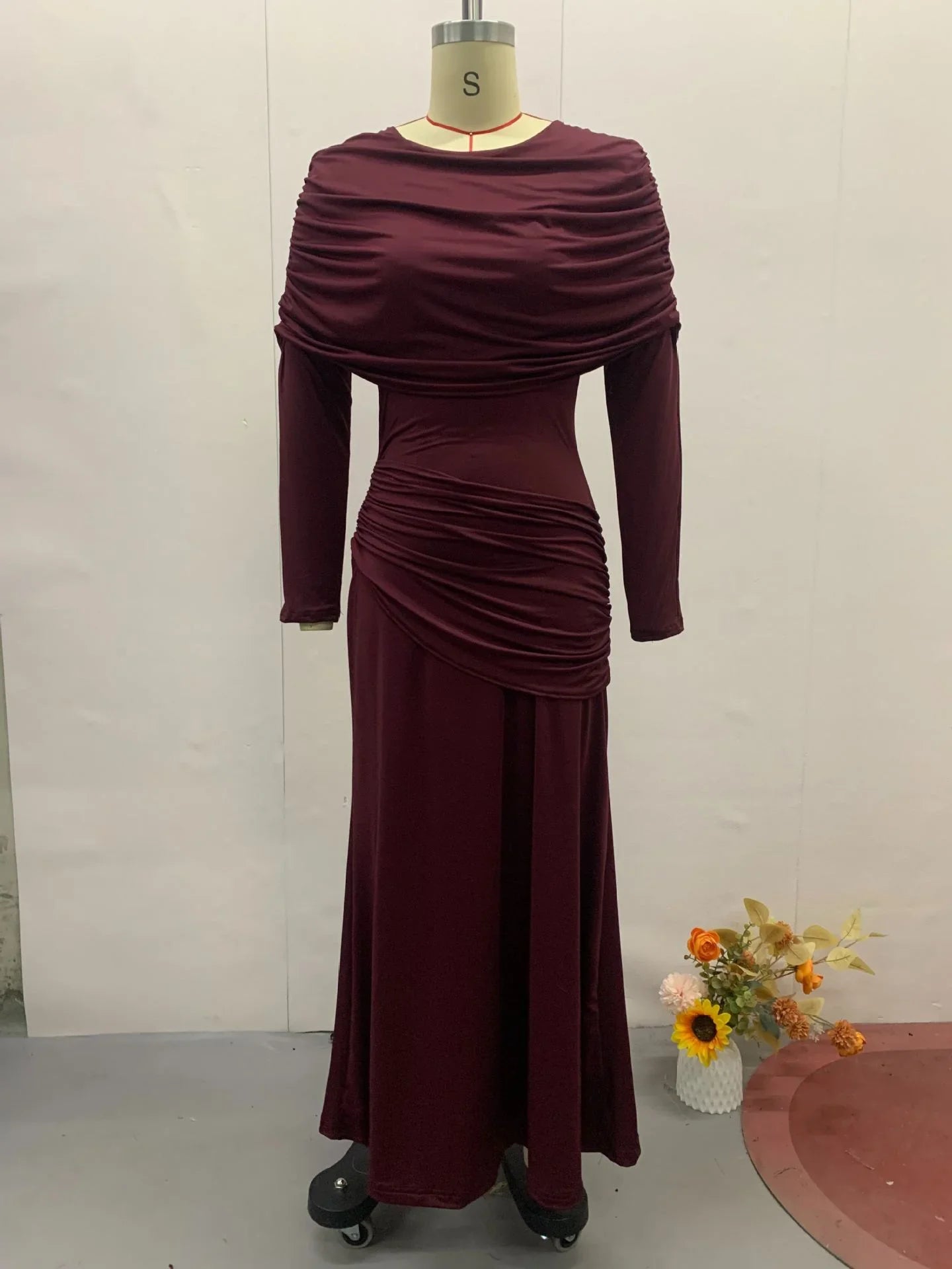 Cpsymym vestidos femininos primavera novo em torno do pescoço mangas compridas elegante temperamento ruched cintura cinching magro vestido longo de noite