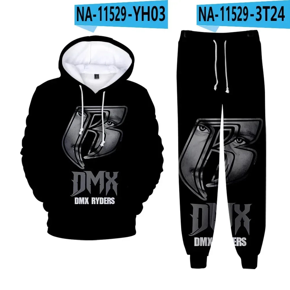 Hip hop rapper dmx impressão 3d conjuntos de treino masculino moda terno esportivo moletom com capuz + moletom roupas masculinas 2 peças conjunto