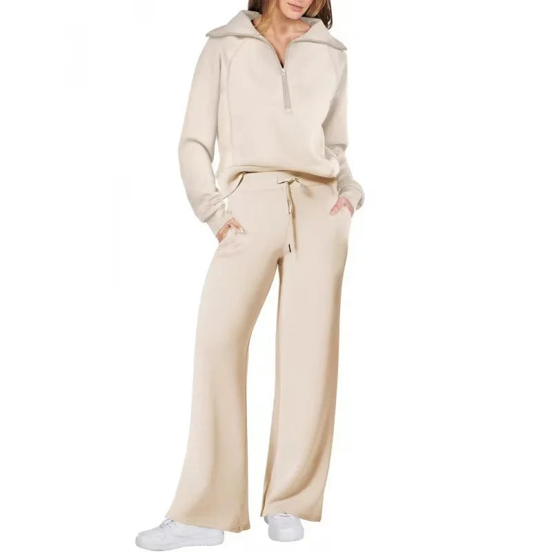 Conjunto de Moletom Feminino de 2 Peças: Blusão Forrado com Fleece Macio e Calça Fluida para Corrida ao Ar Livre e Viagens