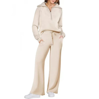 Conjunto de Moletom Feminino de 2 Peças: Blusão Forrado com Fleece Macio e Calça Fluida para Corrida ao Ar Livre e Viagens