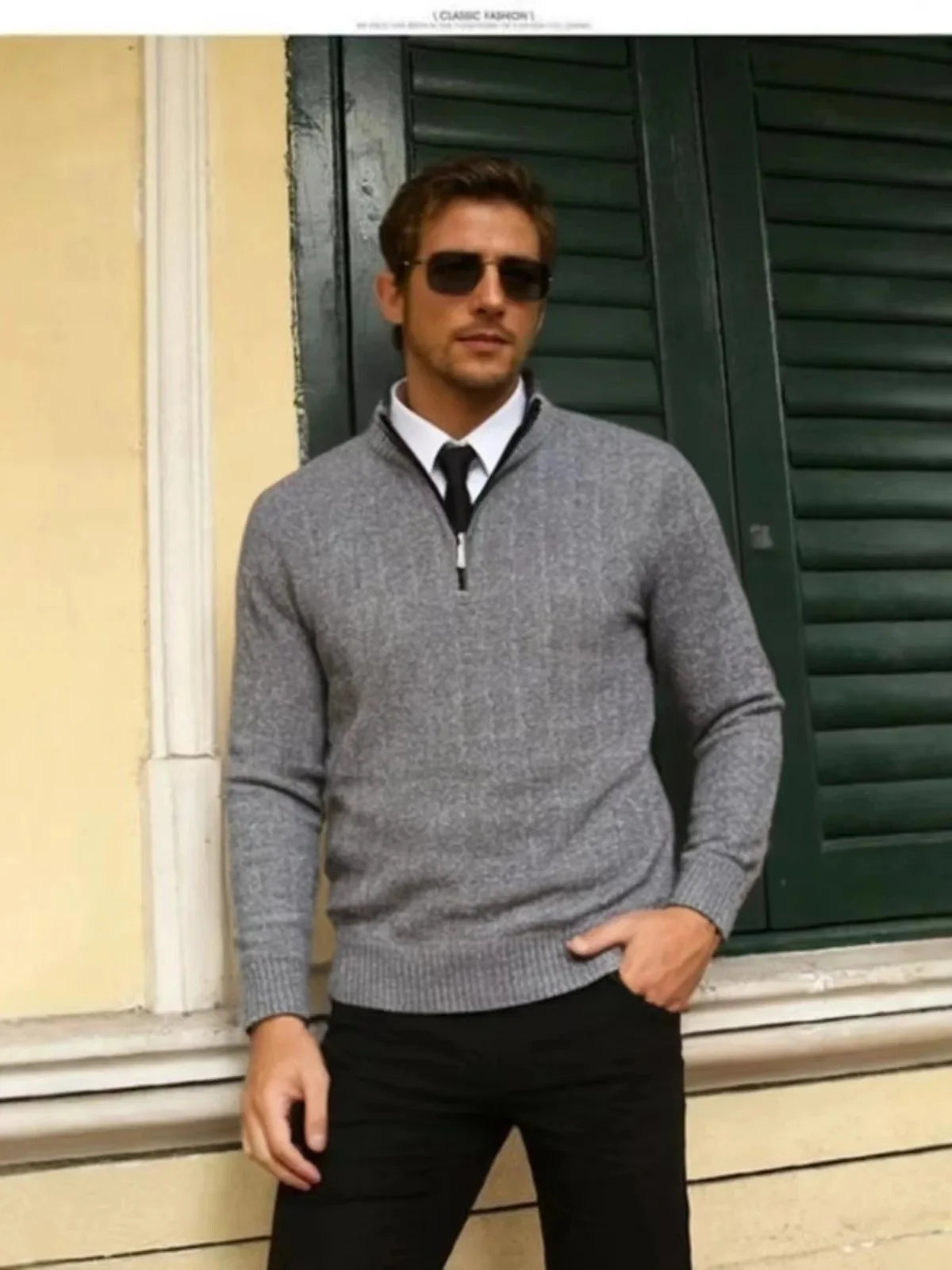 Suéter Masculino Casual de Tricô com Meio Zíper e Gola, Pulôver de Inverno com Listras Verticais, Camisa Base Confortável de Tecido Macio
