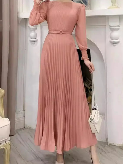 Vestido longo feminino, modelo A-Line, plissado, gola redonda, manga comprida, justo, cintura alta, cinto, slim, sexy, elegante, com recortes.