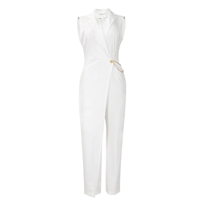 Moda feminina sem mangas terno gola cintura corrente macacão primavera verão sólido sem mangas de perna larga & playsuits macacão