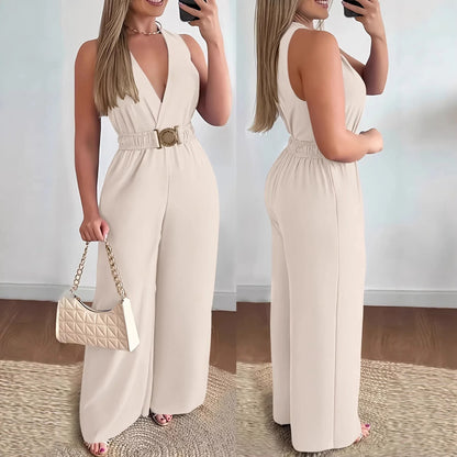 Macacões Femininos 2026: Macacão Sexy Sem Mangas com Decote V Profundo e Perna Larga, Moda Primavera/Verão - Roupa Feminina