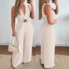 Macacões Femininos 2026: Macacão Sexy Sem Mangas com Decote V Profundo e Perna Larga, Moda Primavera/Verão - Roupa Feminina