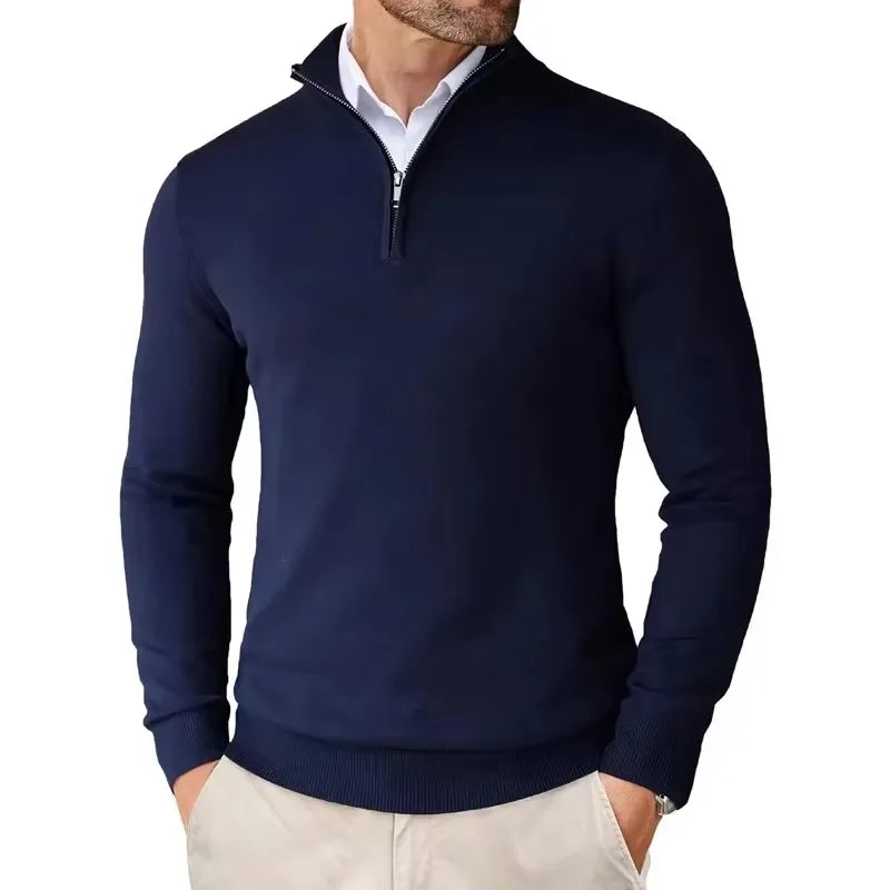 Suéter masculino com zíper de quarto, slim fit, leve, pulôver ao ar livre, gola simulada, meia gola alta, malha, streetwear