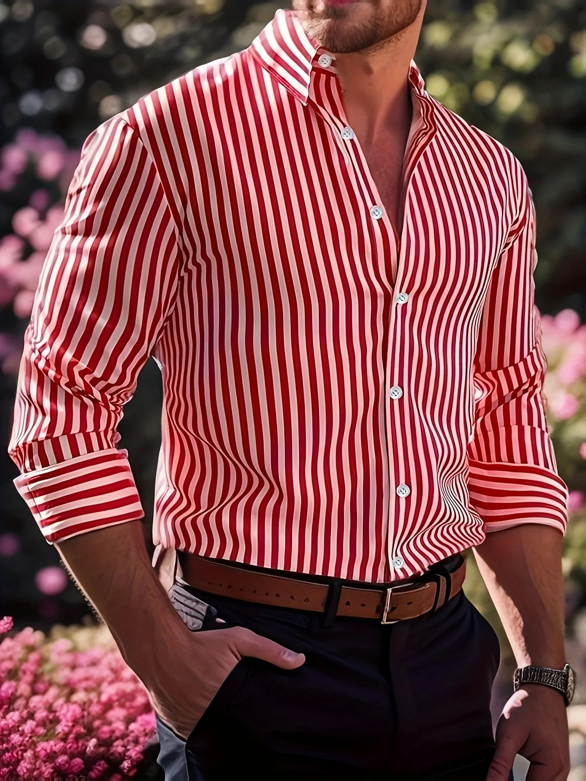 Camisa masculina casual regular listrada manga comprida cor sólida poliéster botão lapela, 6 cores, tecido, tecido não elástico