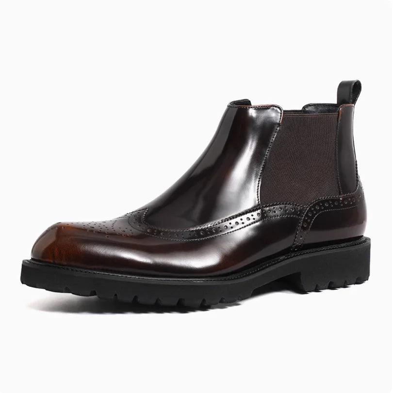 Botas Chelsea de couro genuíno masculino outono inverno bico fino brilhante brogue sapatos curtos estilo britânico