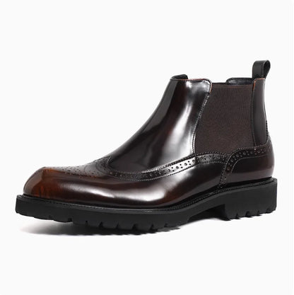 Botas Chelsea de couro genuíno masculino outono inverno bico fino brilhante brogue sapatos curtos estilo britânico