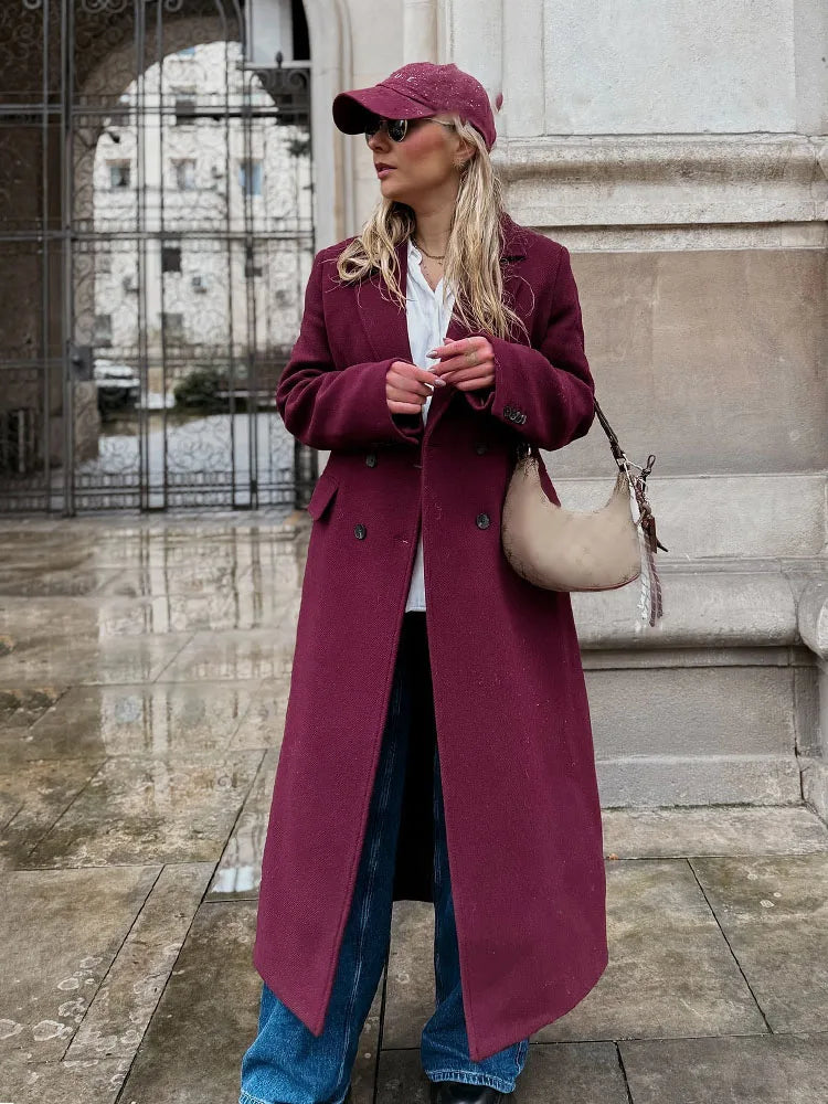 Casaco comprido feminino HH de lã, casual, para outono/inverno, com gola dobrável, mangas compridas, bolsos e abotoamento duplo.