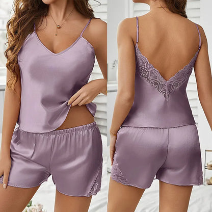 Conjunto de Pijamas Sexy de Verão para Mulheres, Com Decote Profundo e Sem Costas, Renda e Cetim, Confortável, Com Camiseta de Manga Curta e Shorts