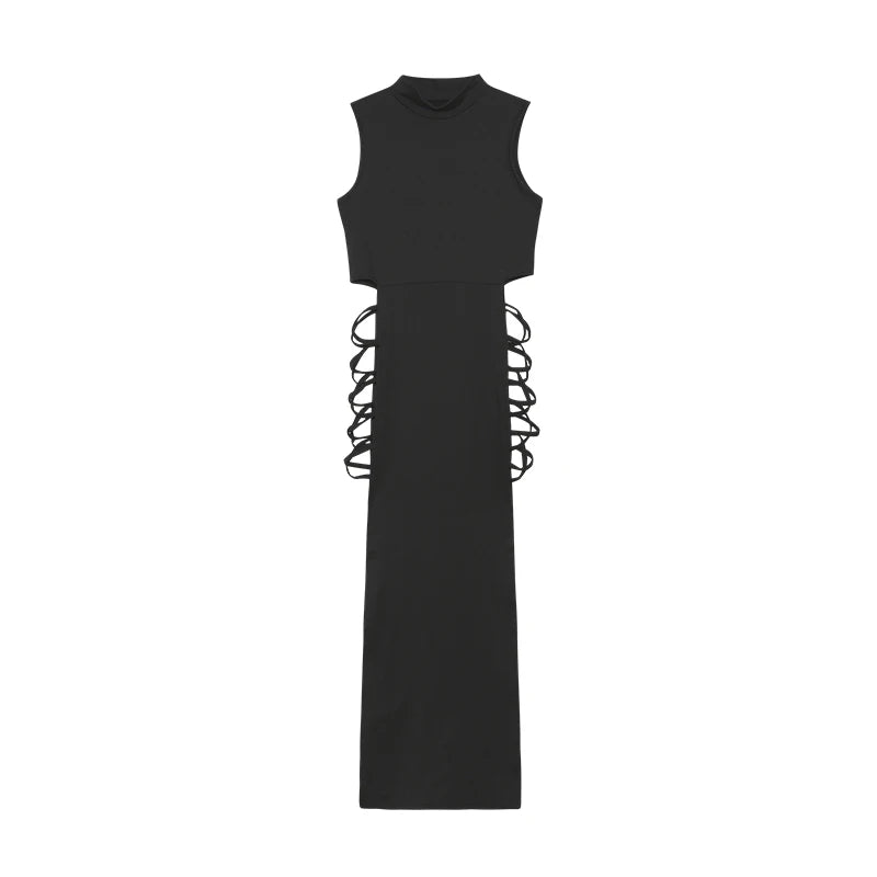 Vestido das mulheres Criss Cross recortado, Bodycon sexy, pescoço simulado, sem mangas, roupas femininas