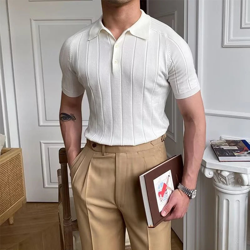 Camisa polo de malha elástica, pulôver casual, manga curta, tops de malha de botão de lapela, roupas da moda, primavera, verão, 2023