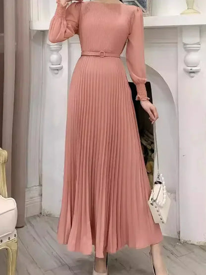 Vestido longo plissado feminino, modelo evasê, gola redonda, manga comprida, para festa, maxi, cintura alta, cinto, justo, sexy, elegante, com recortes.