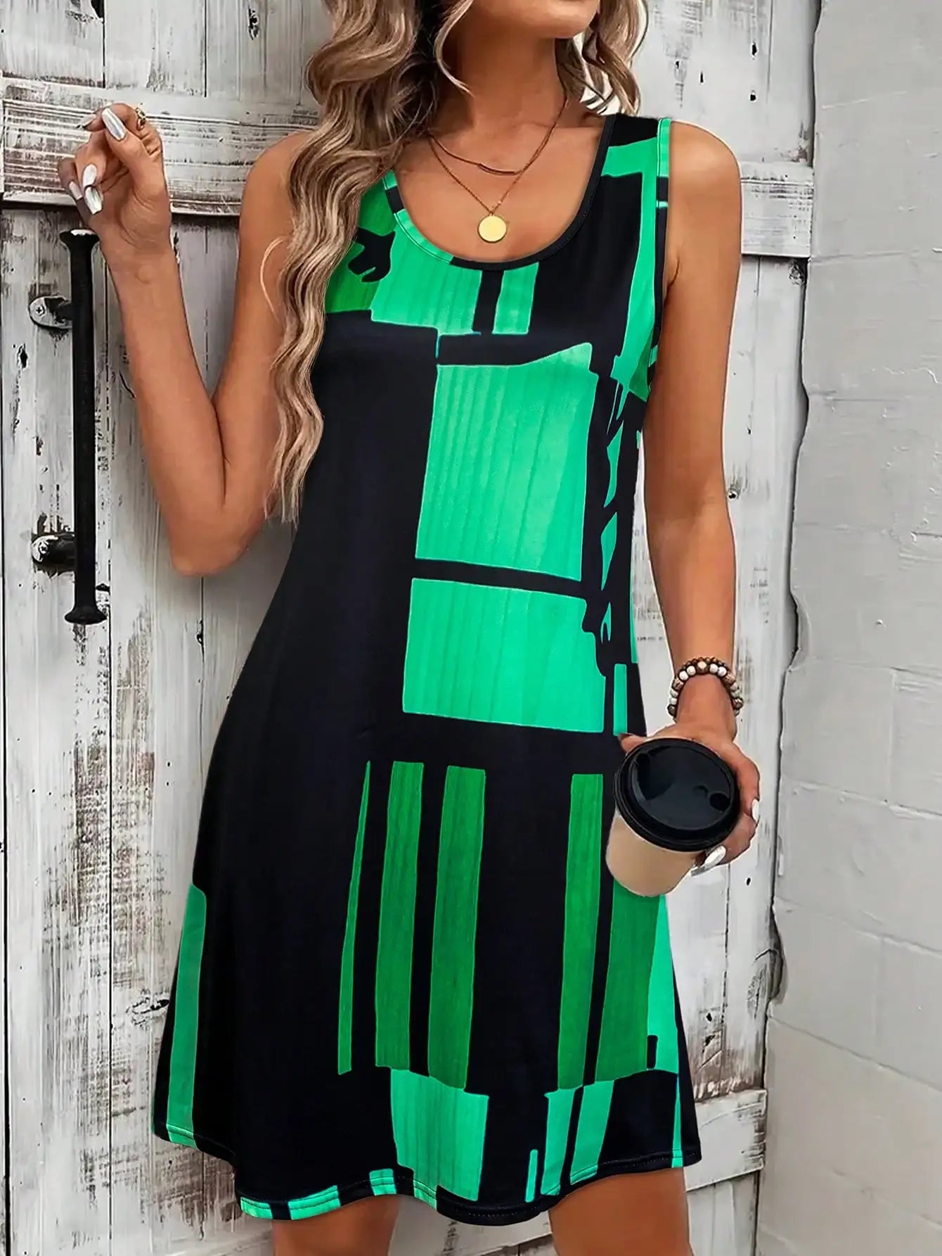 Vestido feminino sem mangas com estampa geométrica para primavera/verão, ideal para férias de verão. Vestido midi boêmio para mulheres.
