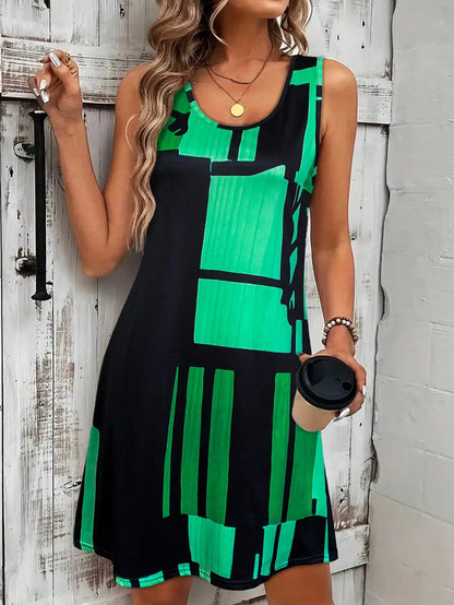 Vestido feminino sem mangas com estampa geométrica para primavera/verão, ideal para férias de verão. Vestido midi boêmio para mulheres.