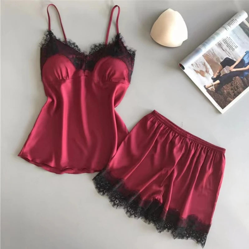 Duas pçs novo verão feminino com decote em v sexy conjunto de pijama de renda feminino sexy rendas suspender topo e shorts casual casa pijamas