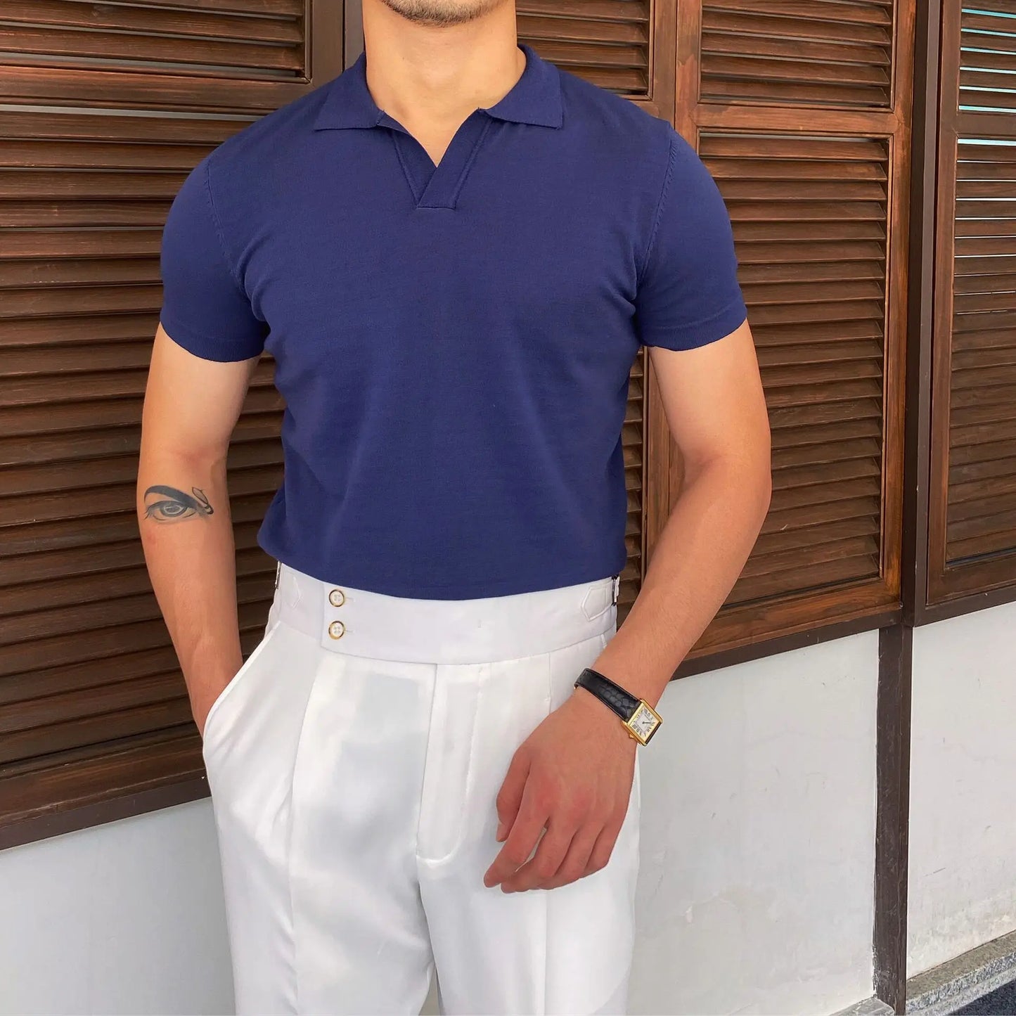 Camisa polo de manga curta de malha masculina, blusa casual de negócios, polo Slim Fit, primavera verão, camiseta listrada moda, camiseta com gola polo, malhas