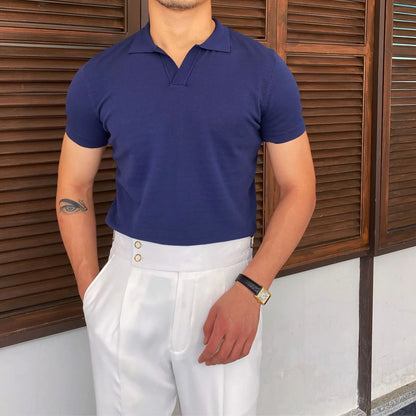 Camisa polo de manga curta de malha masculina, blusa casual de negócios, polo Slim Fit, primavera verão, camiseta listrada moda, camiseta com gola polo, malhas