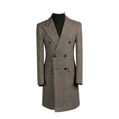 Outono inverno houndstooth casaco longo masculino duplo breasted jaqueta clássica para casamento formal blazers noivo negócios smoking