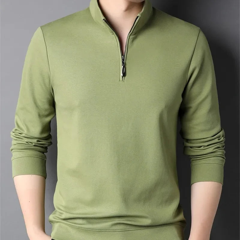 primavera e outono pulôver masculino gola zíper sólido manga longa camiseta alta pescoço polo inferior moda casual topos
