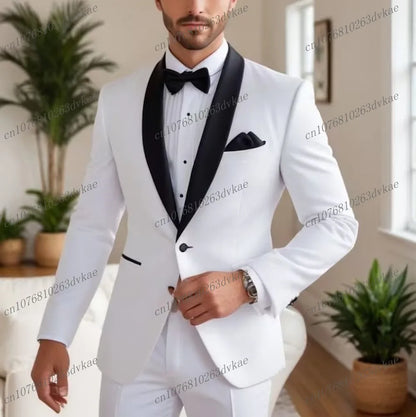 Novo Terno Masculino Branco e Preto para Casamento, Festa, Formatura, Noivo, Padrinho, Ocasiões Formais, Smoking Masculino, Conjunto de 2 Peças, Blazer e Calça
