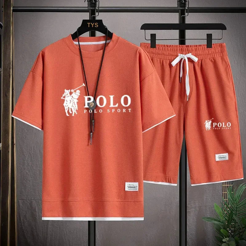 2025 camiseta masculina de manga curta + shorts esportivos de duas peças verão moda respirável fitness casual jogging conjunto.
