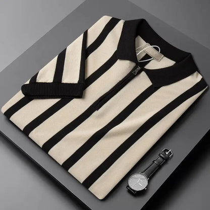 Turn-down Collar Zipper  Shirt Short Sleeve Ice Silk Knitted Stripe Pattern Fashionable Urban Style Men's Summer Top