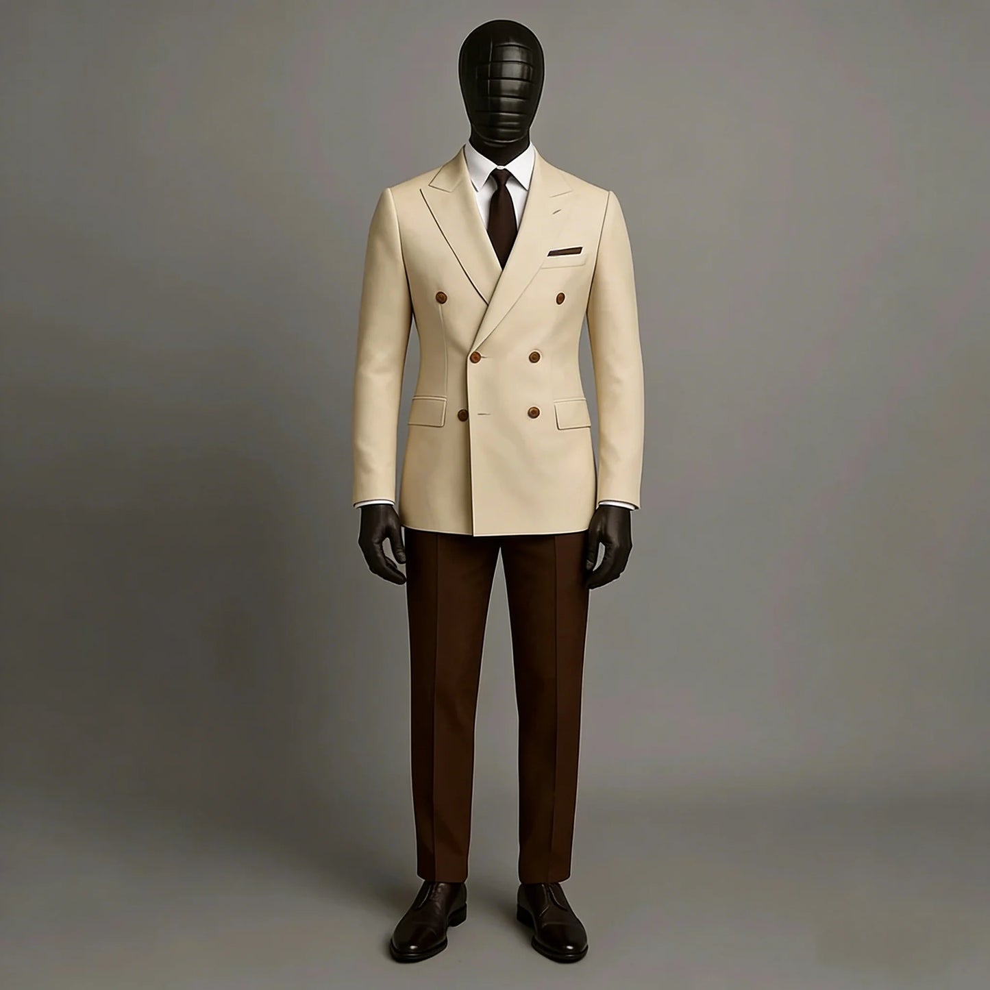 Conjunto de Terno Masculino de 2 Peças: Jaqueta Bege e Calça Marrom, Abotoamento Duplo, Lapela Pontiaguda, Formal e Casual de Negócios, para Noivos e Casamentos
